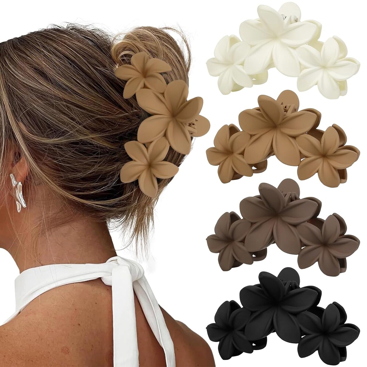 4 PCS Hawaiian Plumeria Flower Hair Clips for Women (Neutral Hair Clips)